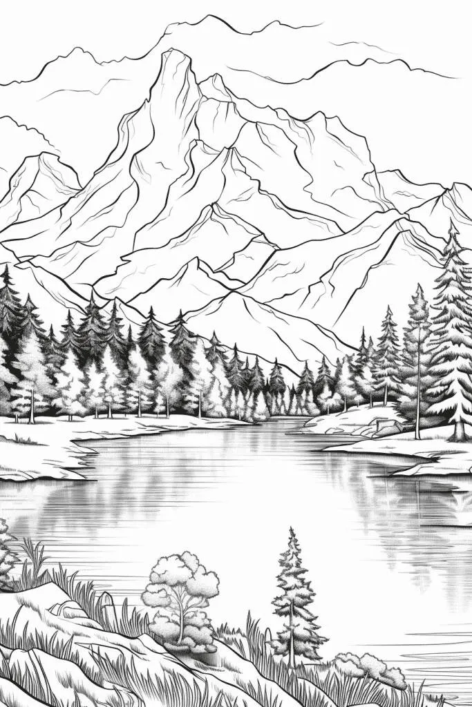 Paisaje de montaña con lago Página para colorear