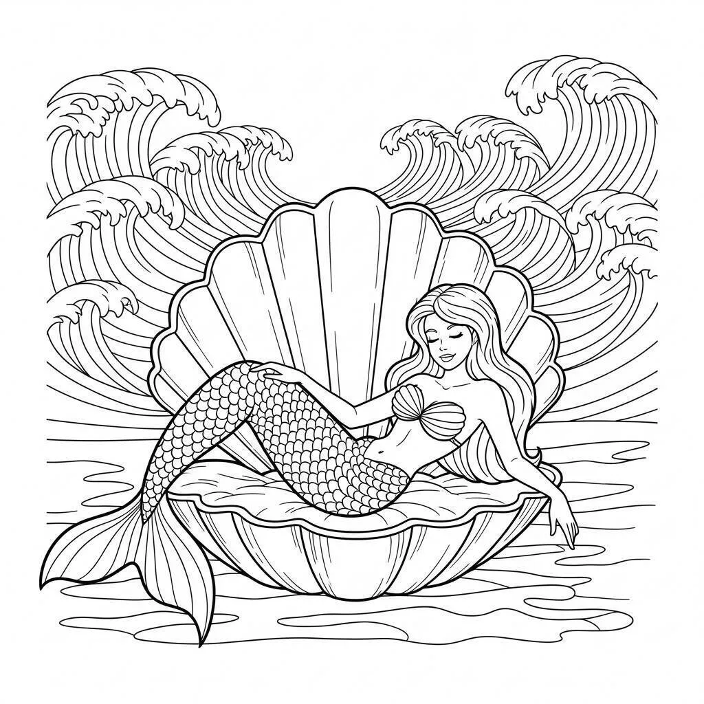 Desenho de Sereia Relaxando em uma Concha Gigante para Colorir