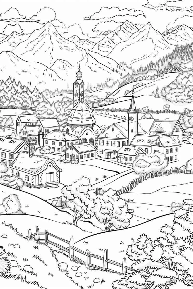 Página para colorear de paisaje de pueblo de montaña