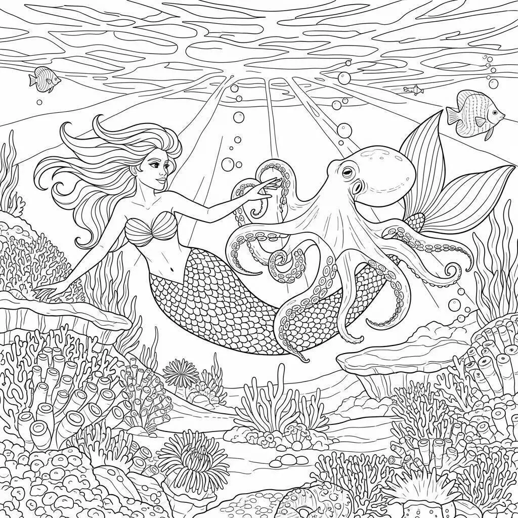 Desenho de Sereia Brincando com Polvo no Fundo do Mar para Colorir