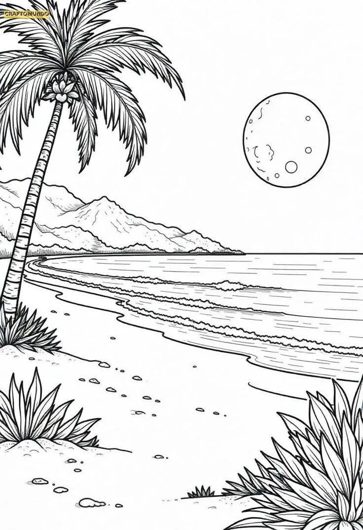 Dibujo de Paisaje de Playa con Palabras y Luna para Colorear