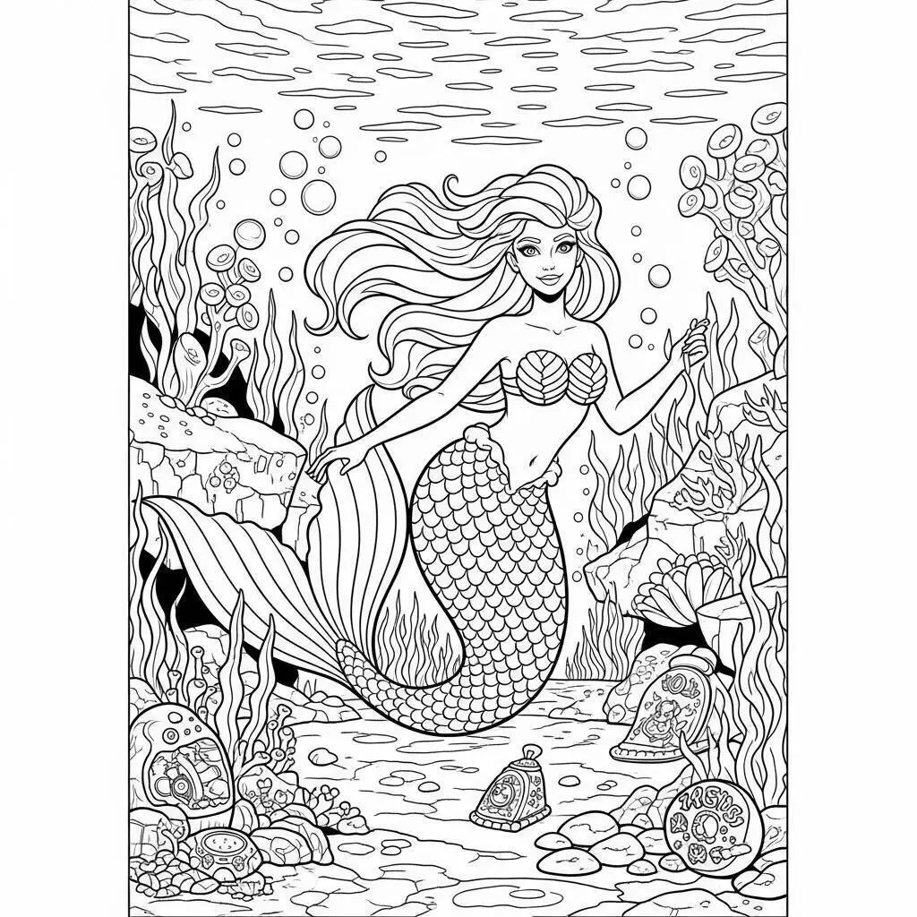 Desenho de Sereia com Cabelo Longo e Tesouros do Mar para Colorir