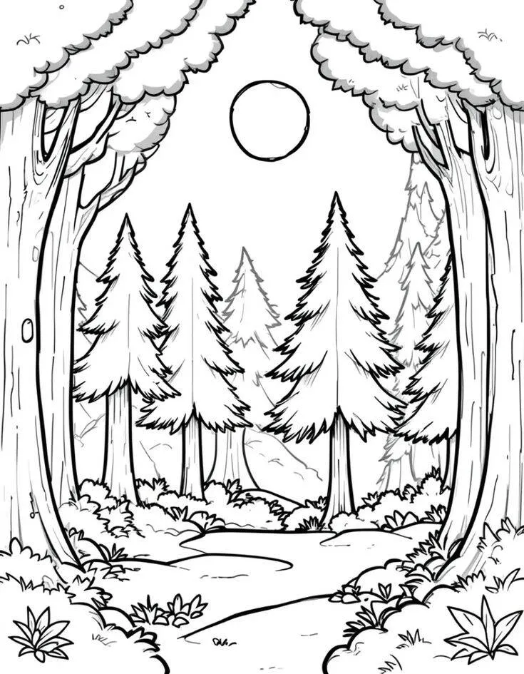 Dibujo de Paisaje forestal con árboles y sol para colorear
