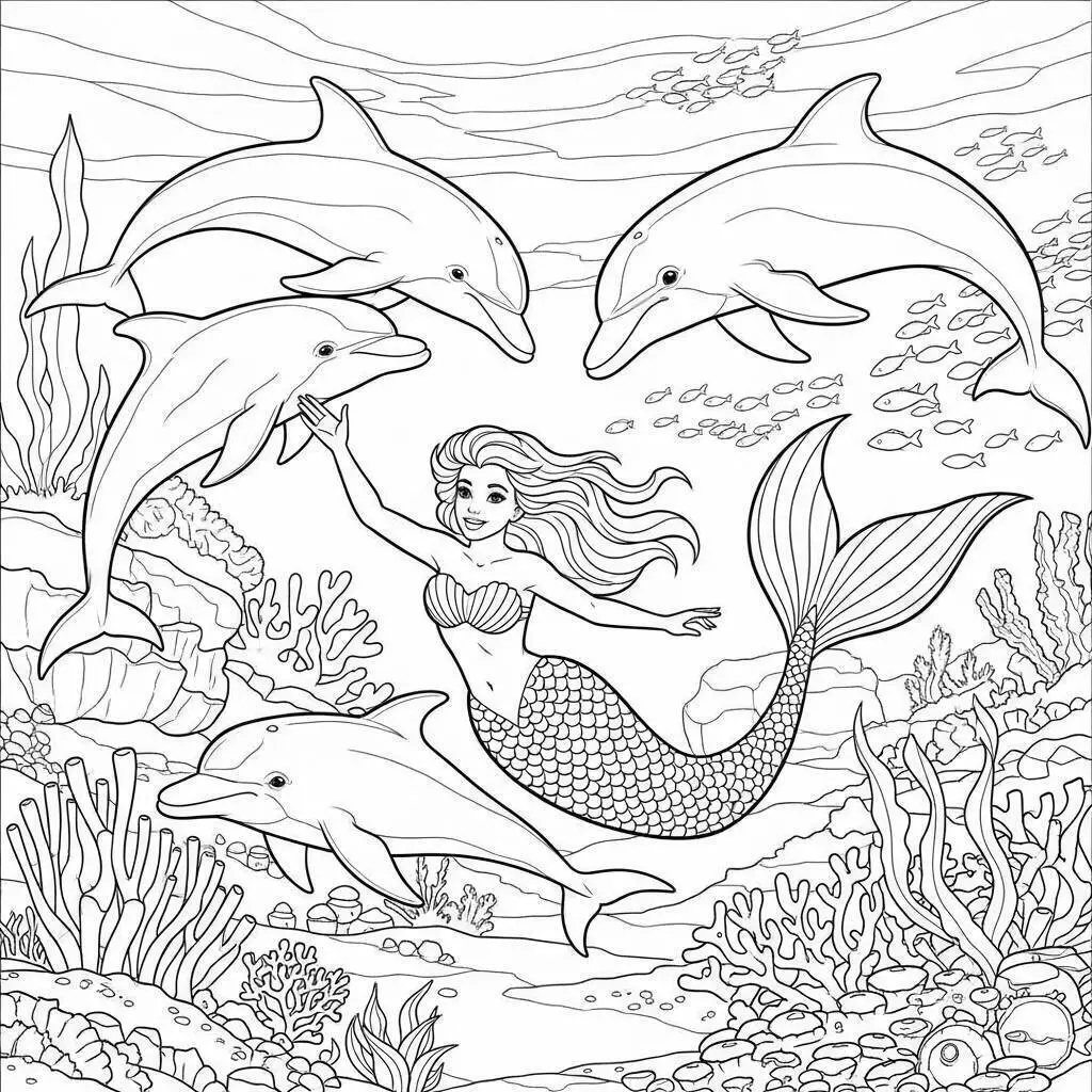 Desenho de Sereia Brincando com Golfinhos para Colorir