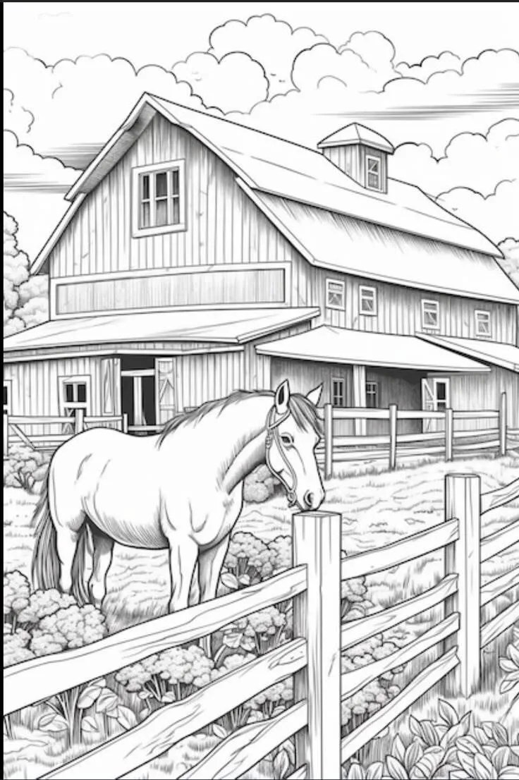 Desenho de Paisagem de Fazenda com Cavalo para Colorir