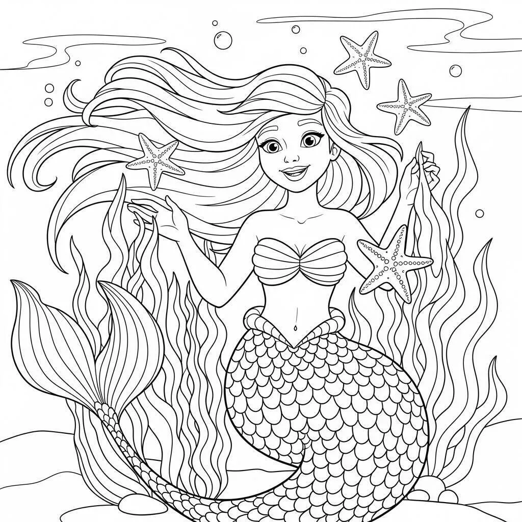 Desenho de Sereia Brincando com Estrelas do Mar para Colorir