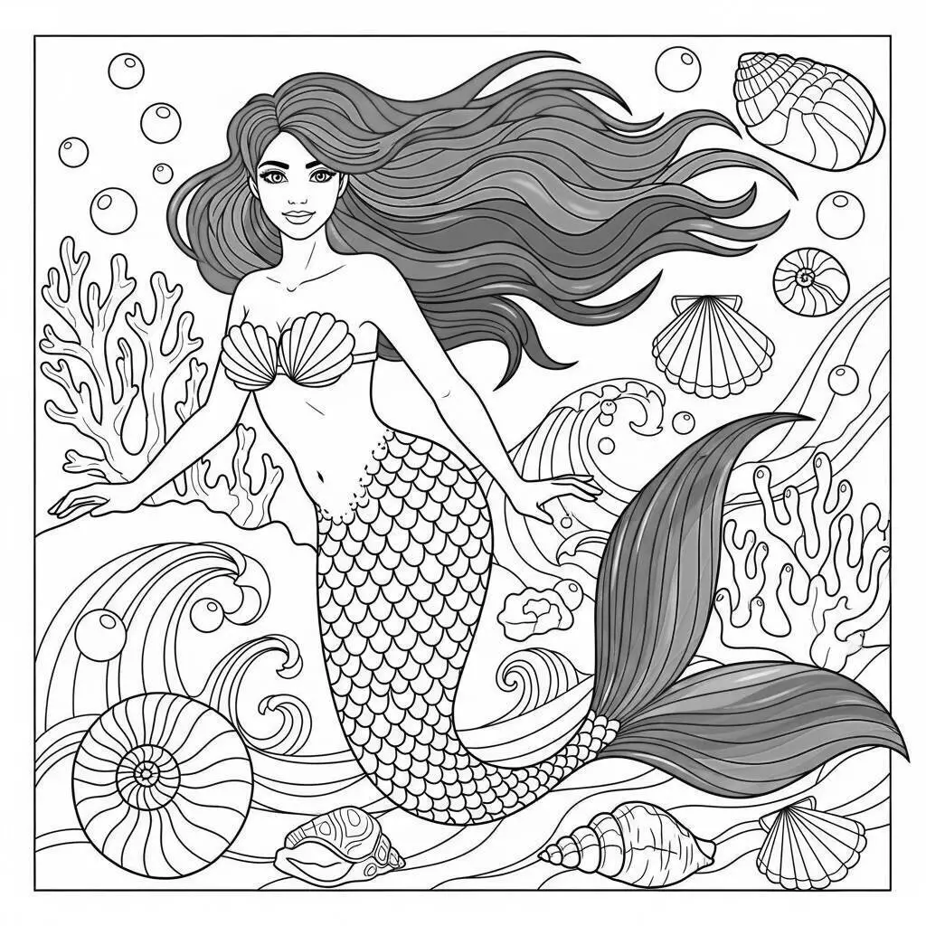 Desenho de Sereia Encantadora entre Conchas e Ondas para Colorir