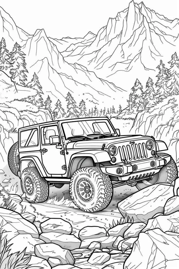 Paisaje de montaña con jeep para colorear