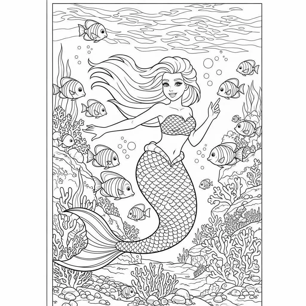 Desenho de Sereia Brincando com Peixes Coloridos para Colorir