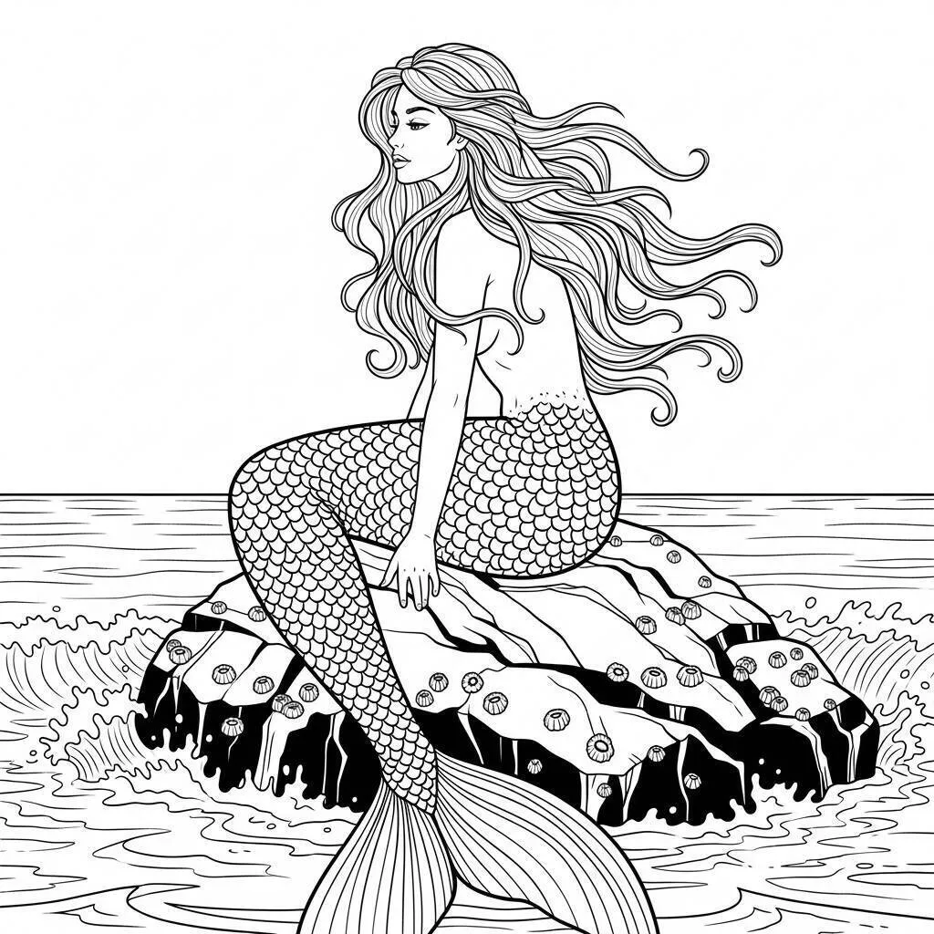 Desenho de Sereia Sentada numa Rocha para Colorir