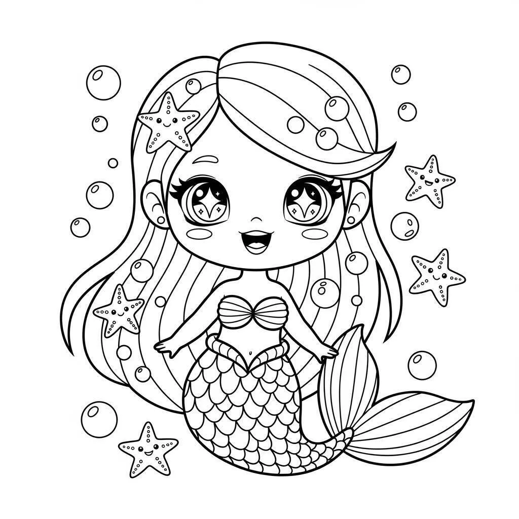 Desenho de Sereia Fofa com Estrelas do Mar para Colorir