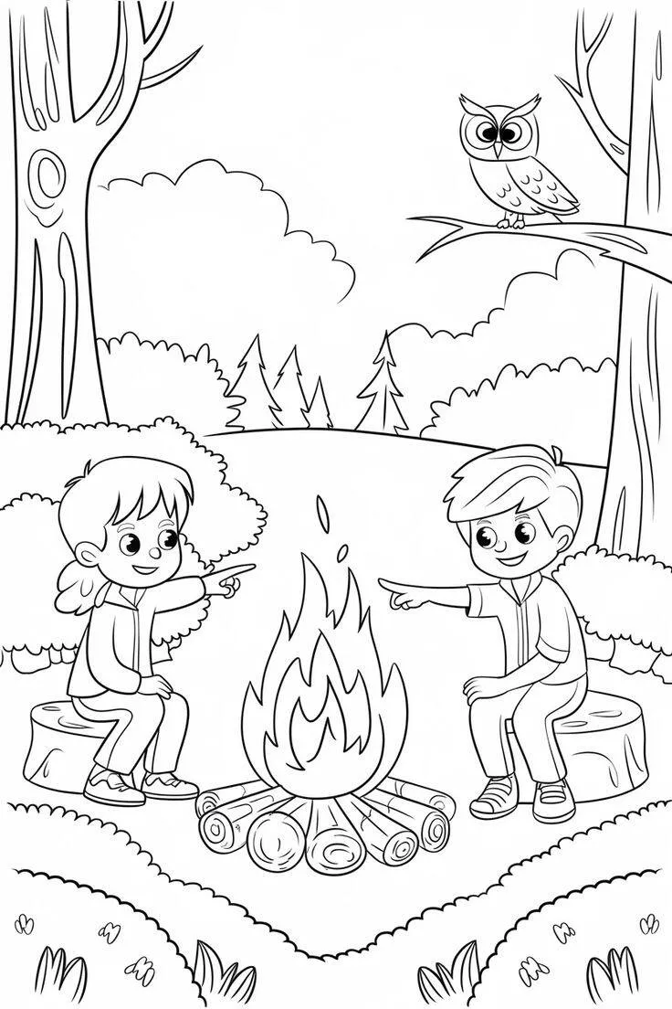 Dibujo de Paisaje de camping con niños y fuego para colorear