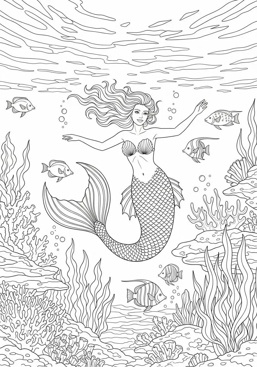 Desenho de Sereia Dançando entre Peixes Coloridos para Colorir