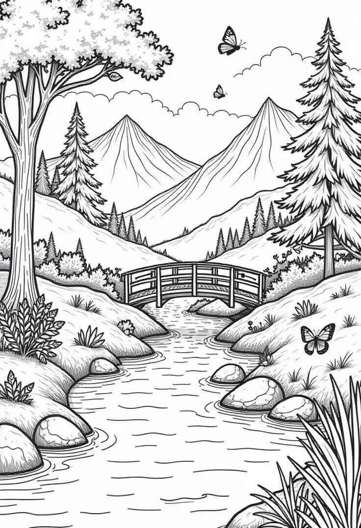 Dibujo de Paisaje con Montañas, Río y Mariposas para Colorear