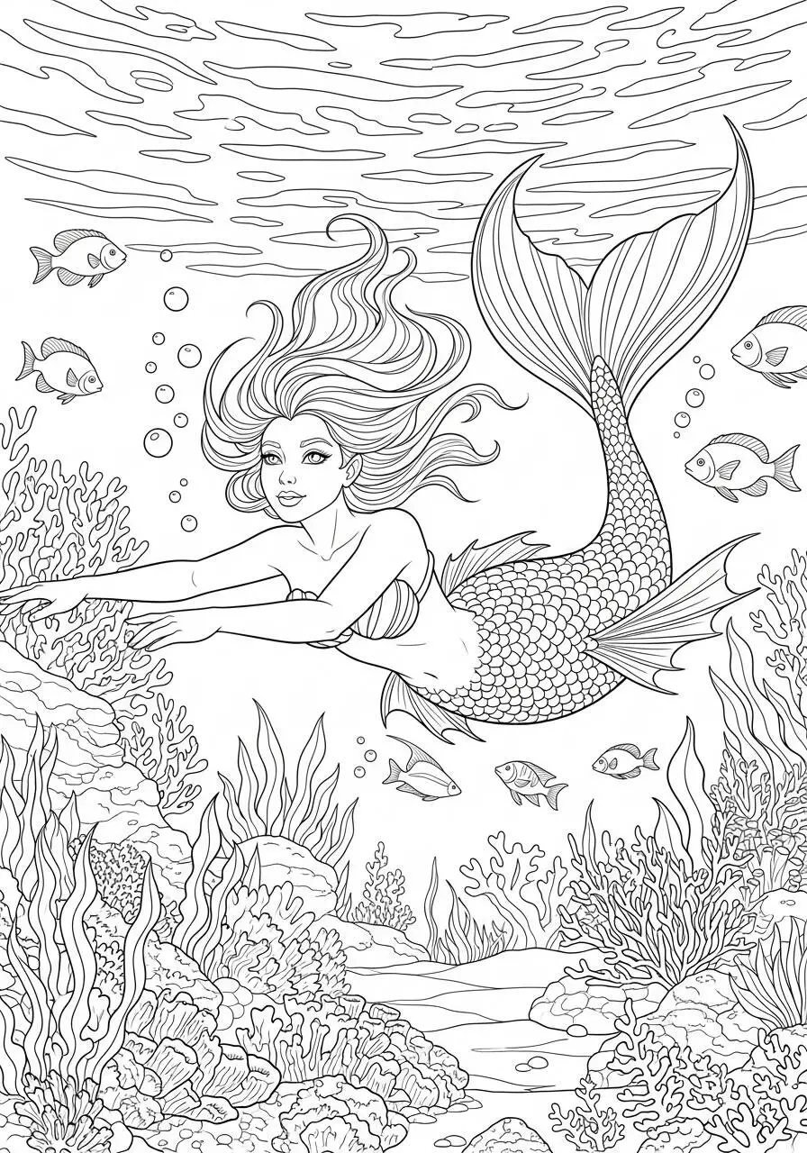 Desenho de Sereia a Nadar Entre Corais para Colorir