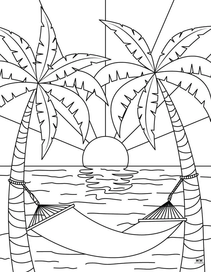 Dibujo de Paisaje de playa con hamacas y cocoteros para colorear