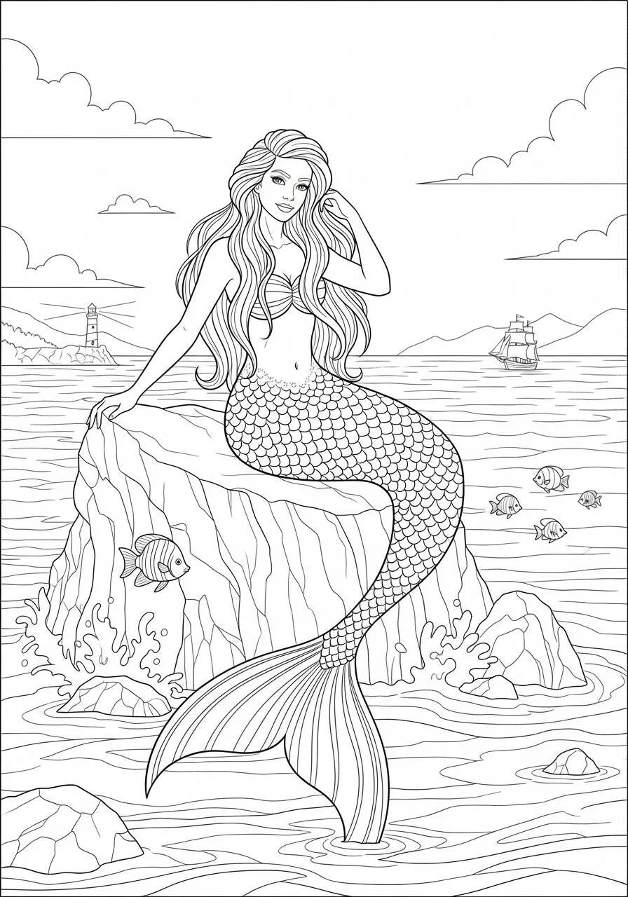 Desenho de Sereia Sentada numa Rocha com Peixes para Colorir