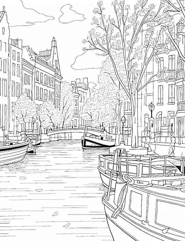 Dibujo de Paisaje de canales con barcos y árboles para colorear