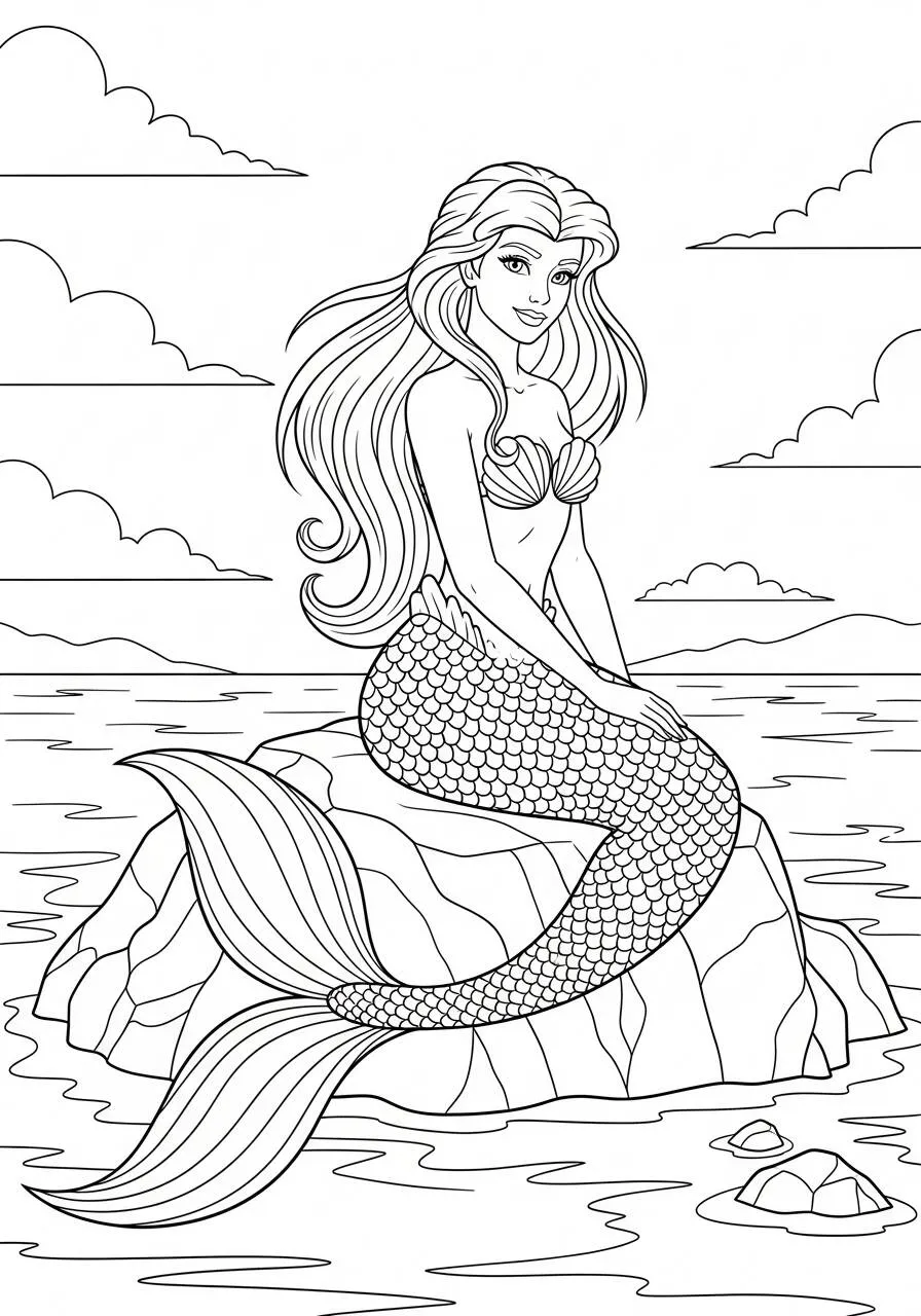 Desenho de Sereia Sentada numa Rocha com Cabelo Longo para Colorir