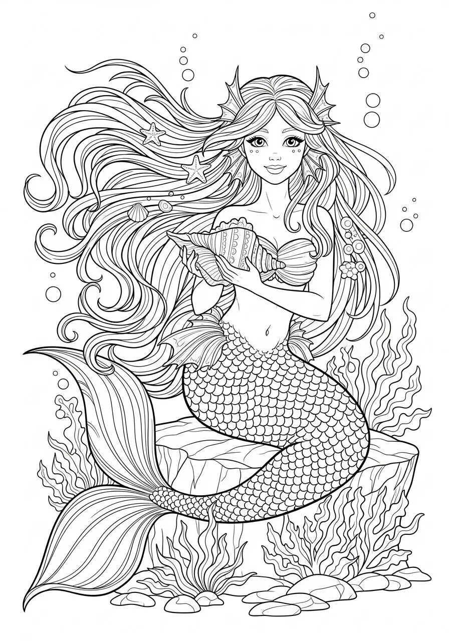 Desenho de Sereia com Conchas e Cabelo Longo para Colorir