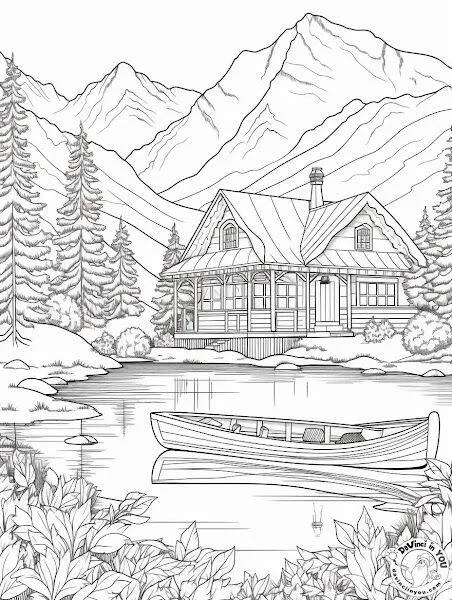 Dibujo de Paisaje de montaña con casa y lago para colorear