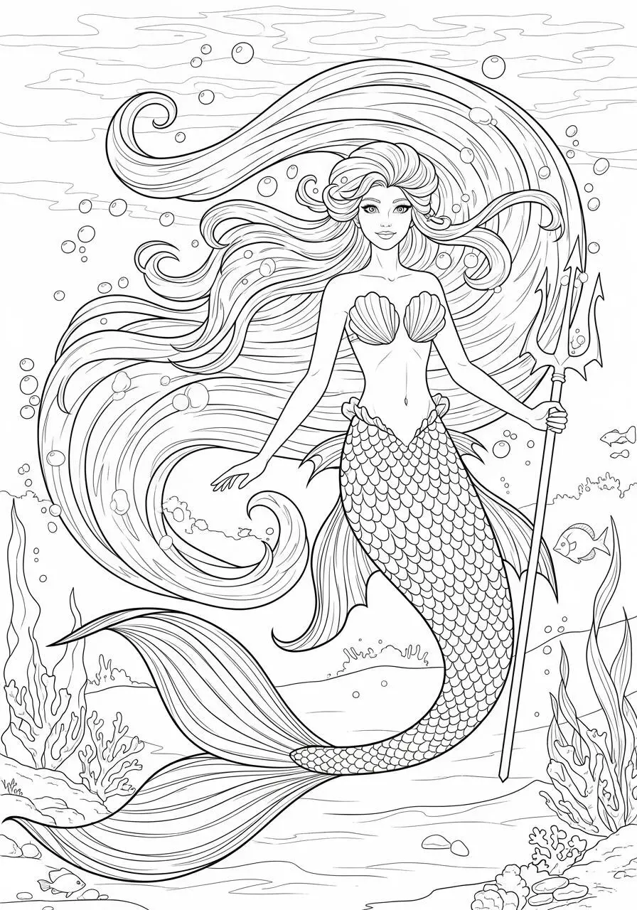 Desenho de Sereia com Tridente e Cabelo Flutuante para Colorir