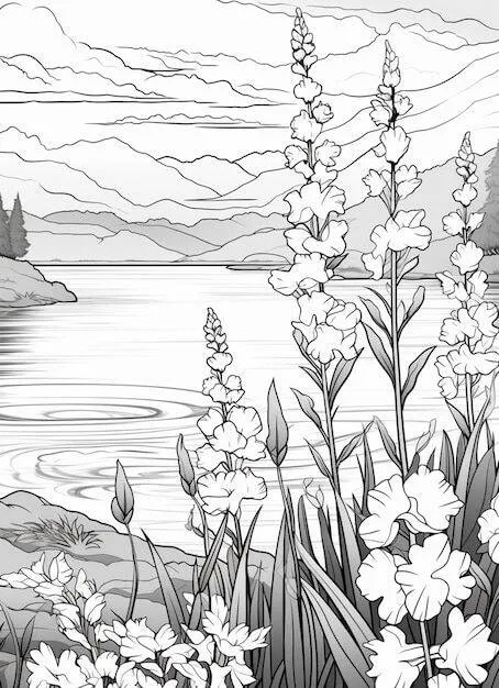 Desenho de Paisagem com Lago e Flores para Colorir