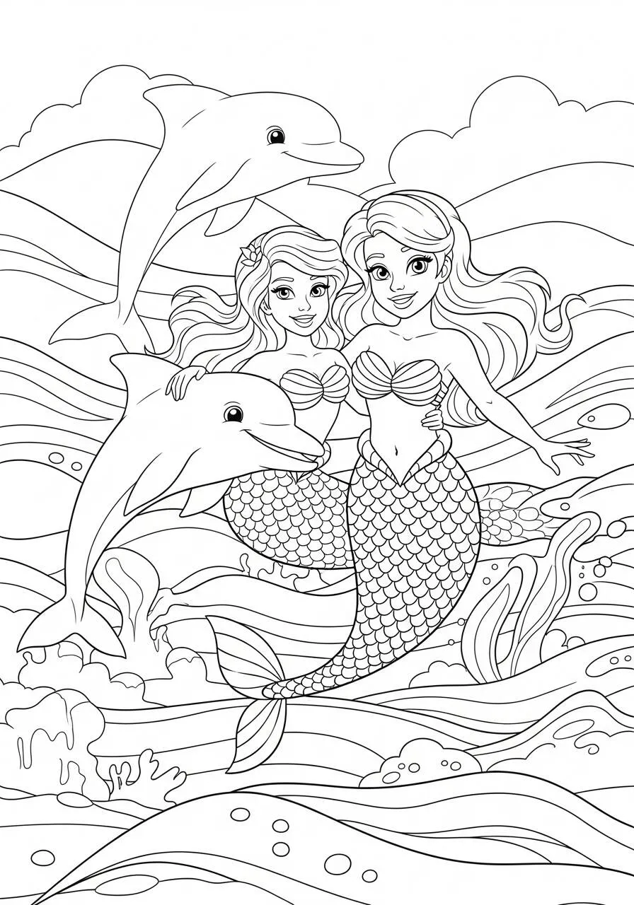 Desenho de Sereias Brincando com Golfinhos para Colorir