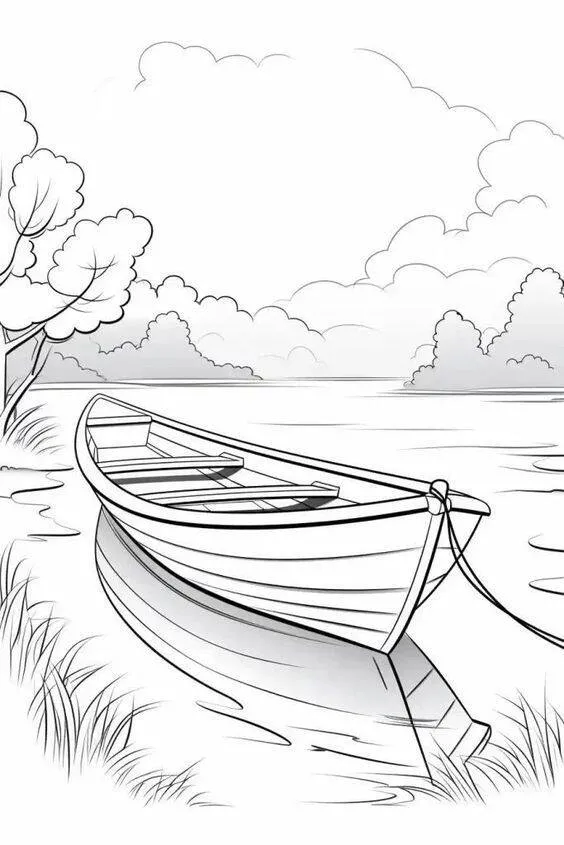 Desenho de Paisagem com Barco à Beira do Lago para Colorir