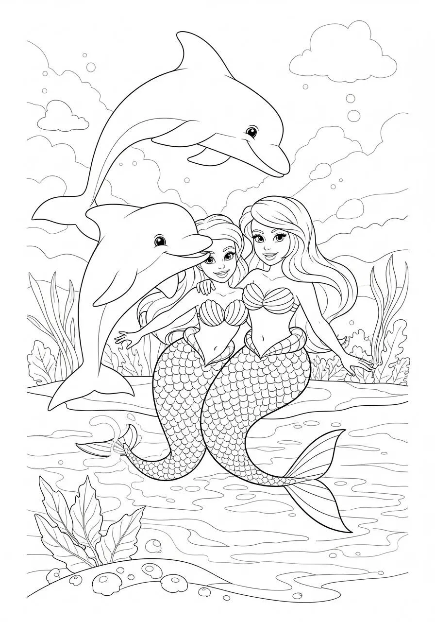 Desenho de Sereias Brincando com Golfinhos para Colorir