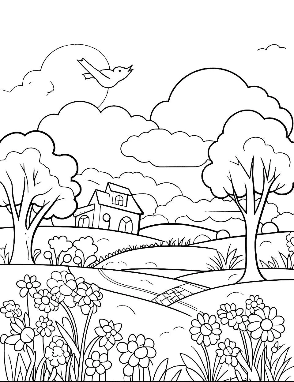 Dibujo de Paisaje con Casa, Árboles y flores para Colorear