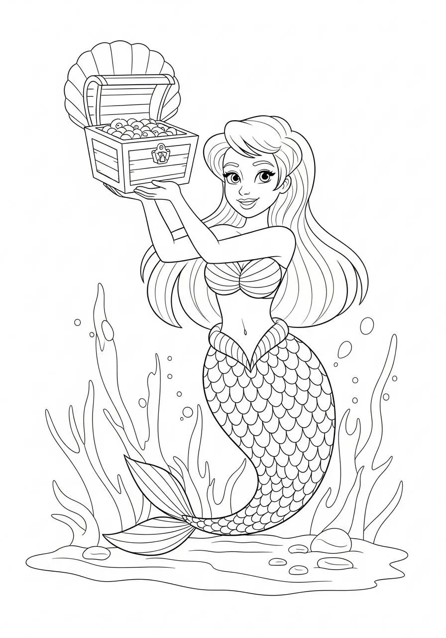 Desenho de Sereia Segurando um Baú do Tesouro para Colorir