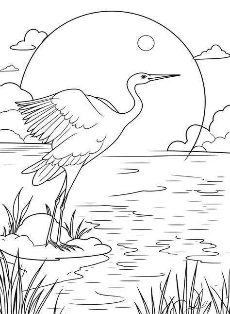 Desenho de Paisagem com Garça e Sol para Colorir