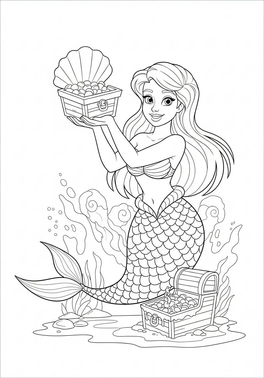 Desenho de Sereia com Tesouro e Conchas para Colorir