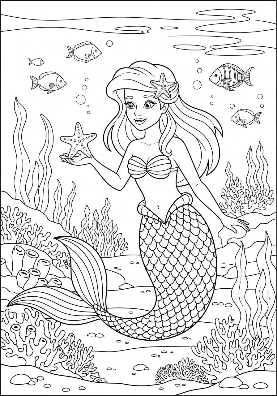 Desenho de Sereia com Estrela do Mar para Colorir