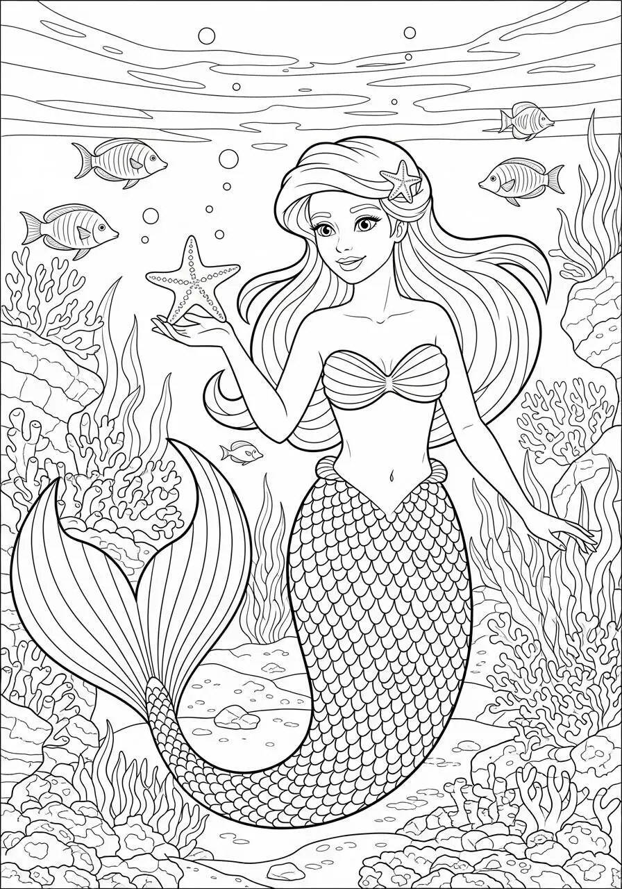 Desenho de Sereia com Estrela do Mar e Peixes para Colorir