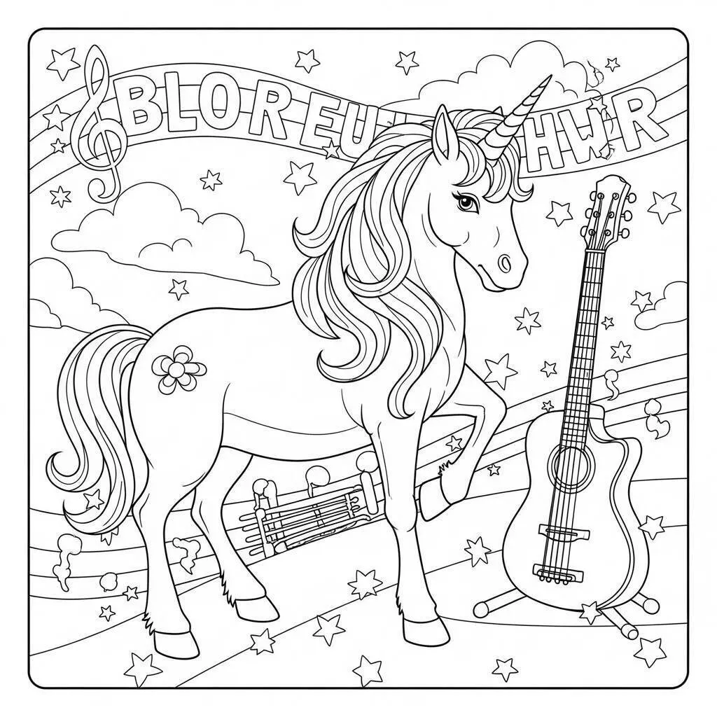 Desenho de Unicórnio com Violão e Estrelas para Colorir