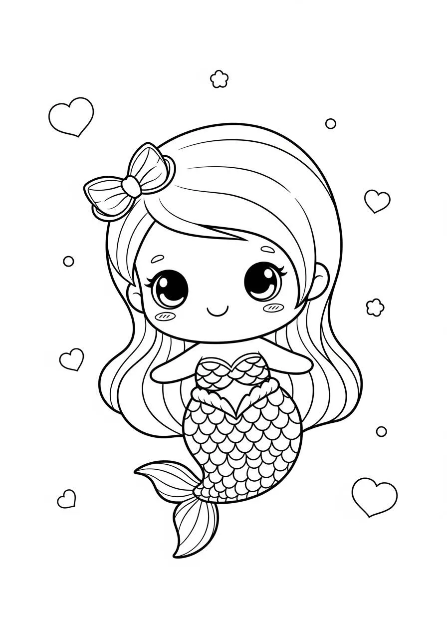 Desenho de Sereia Fofa com Laço e Corações para Colorir
