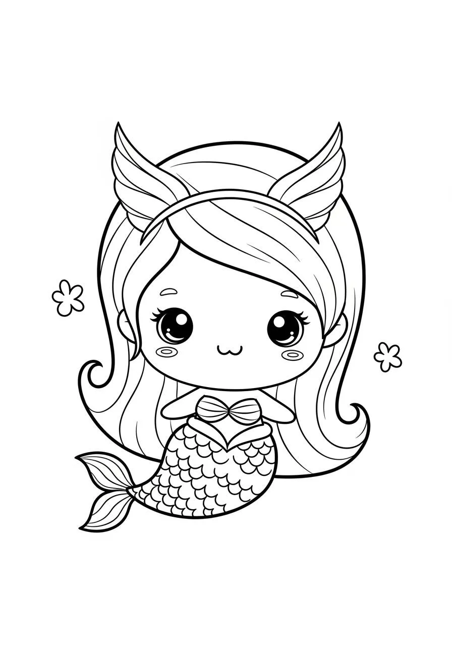 Desenho de Sereia Fofa com Orelhas de Peixe para Colorir