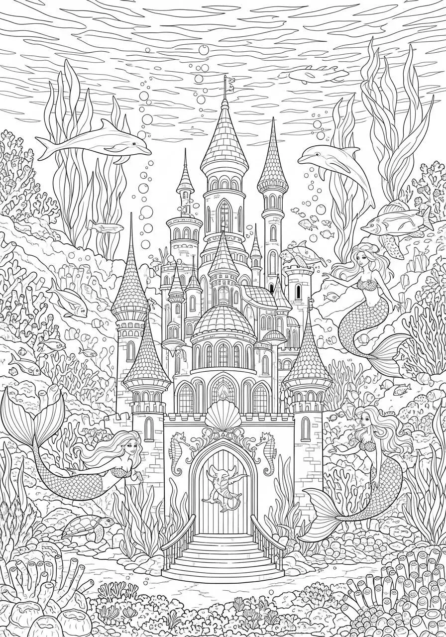 Desenho de Sereias e Castelo Submarino para Colorir