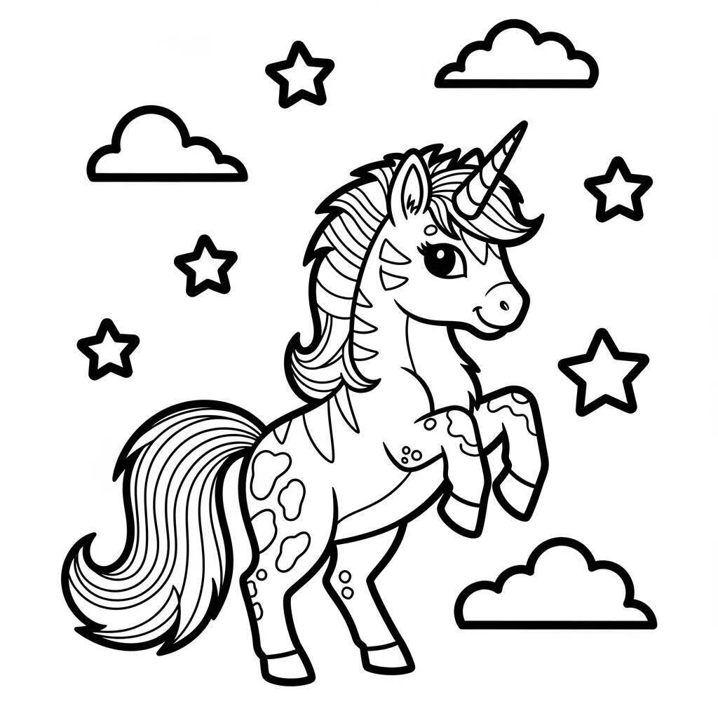 Coloriage Licorne avec étoiles et nuages
