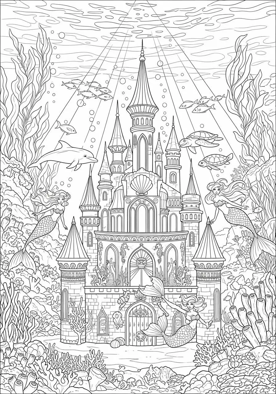 Desenho de Sereias ao Lado de um Castelo Submarino para Colorir