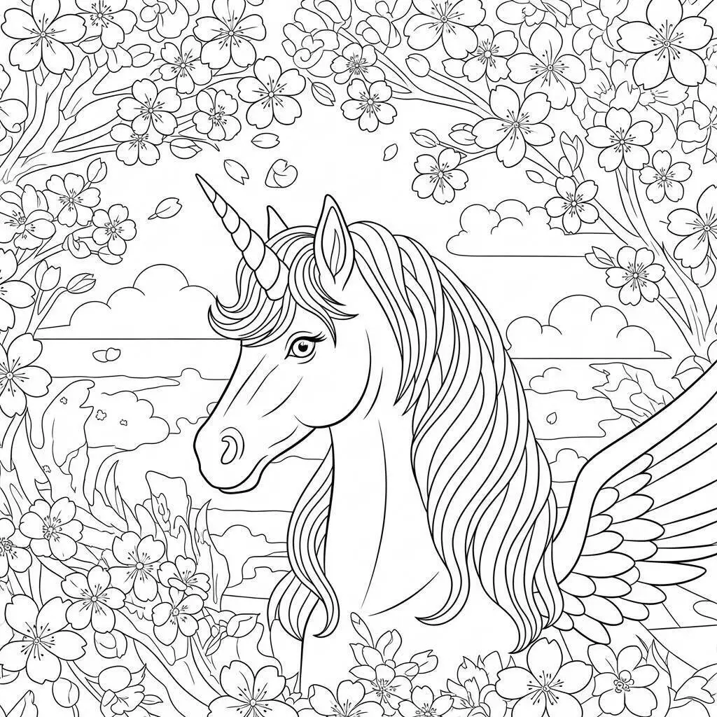 Desenho de Unicórnio com Flores e Asas para Colorir