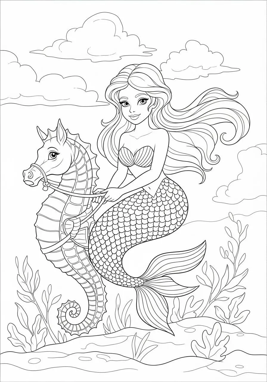 Desenho de Sereia Montando um Cavalo Marinho para Colorir