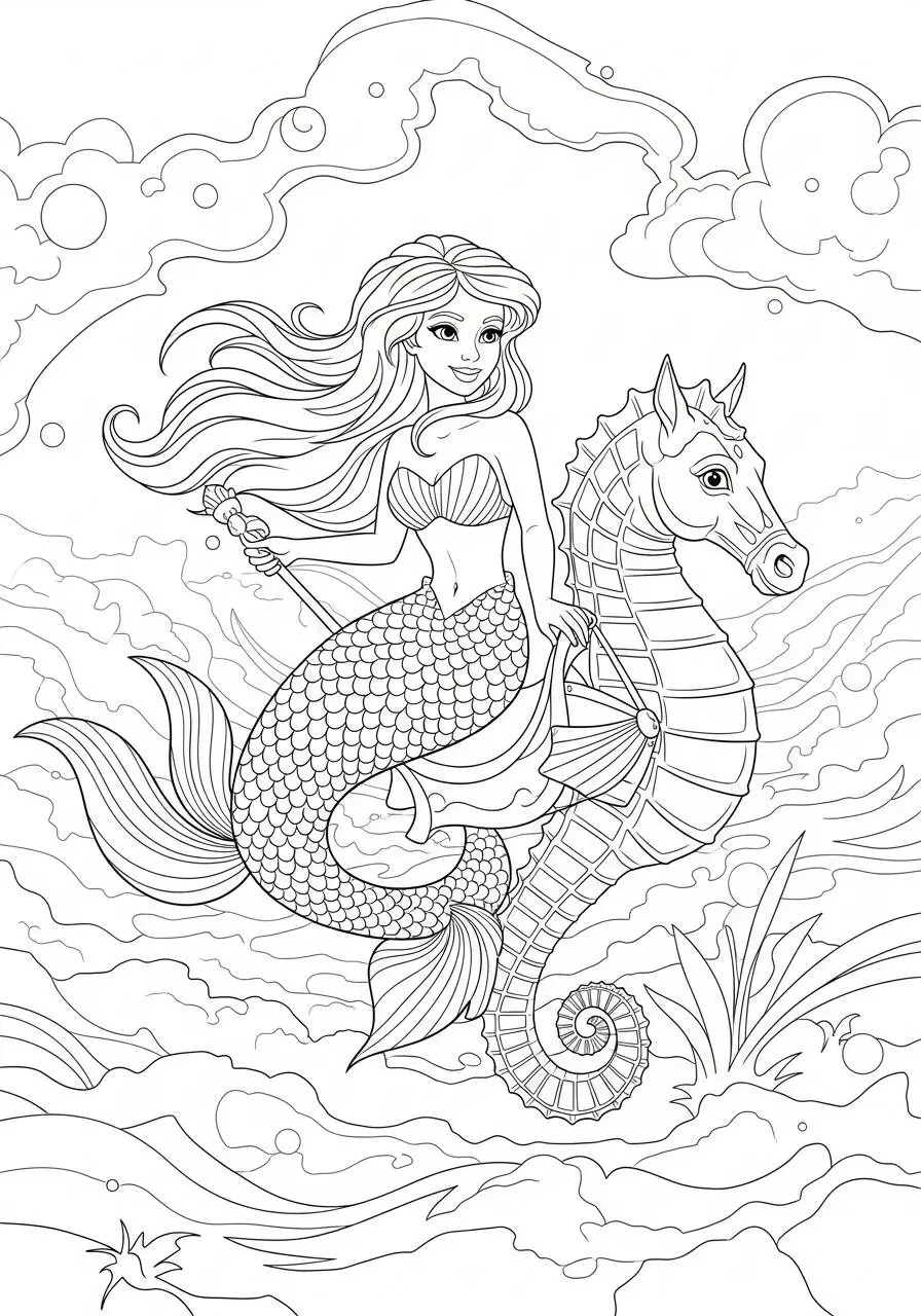 Desenho de Sereia com Peixes Coloridos e Corais para Colorir