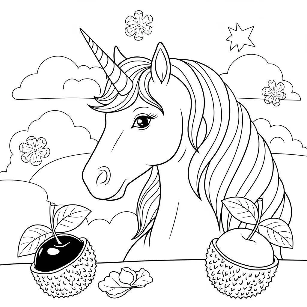 Desenho de Unicórnio com Frutas e Nuvens para Colorir