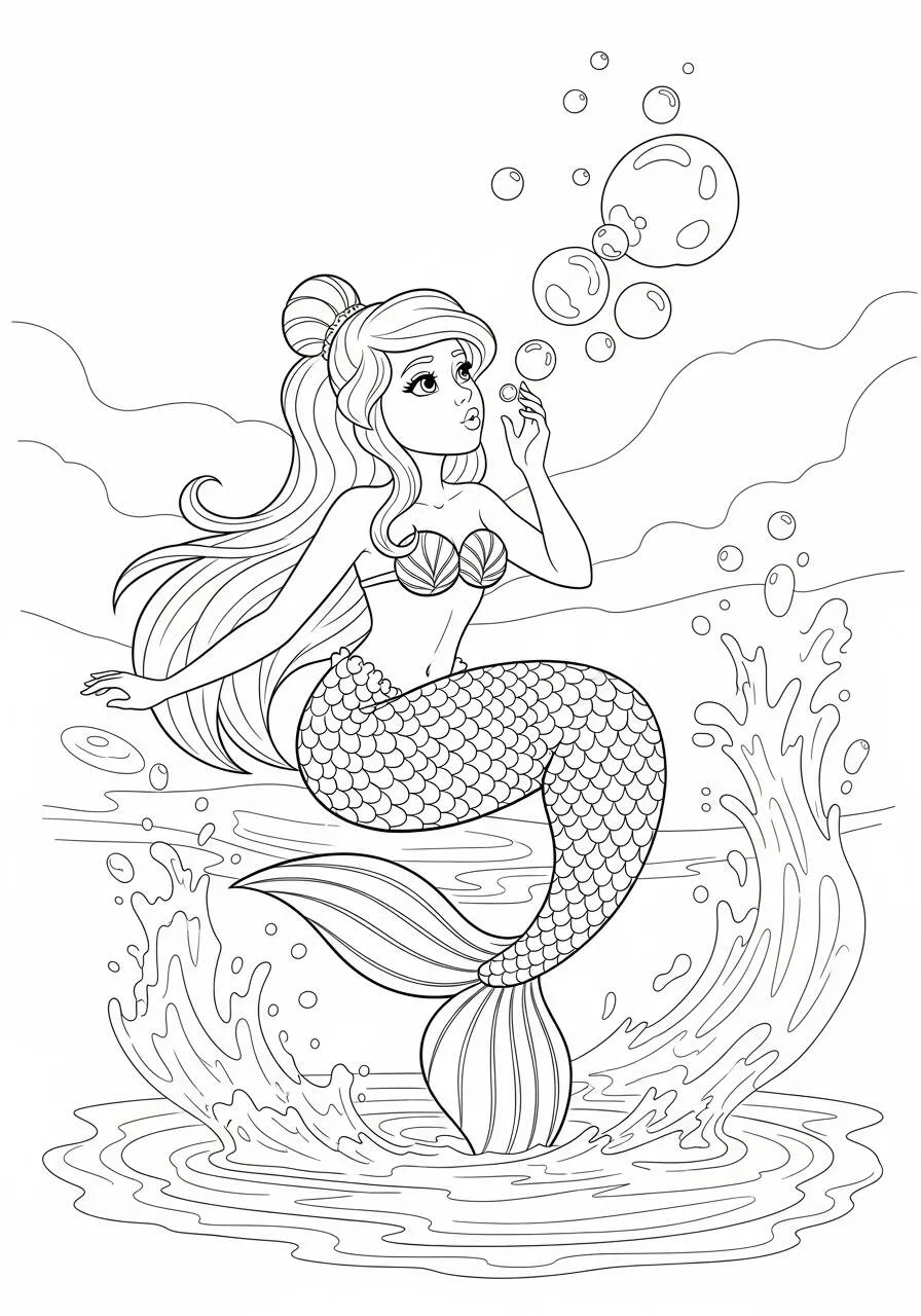 Desenho de Sereia Brincando com Bolhas para Colorir