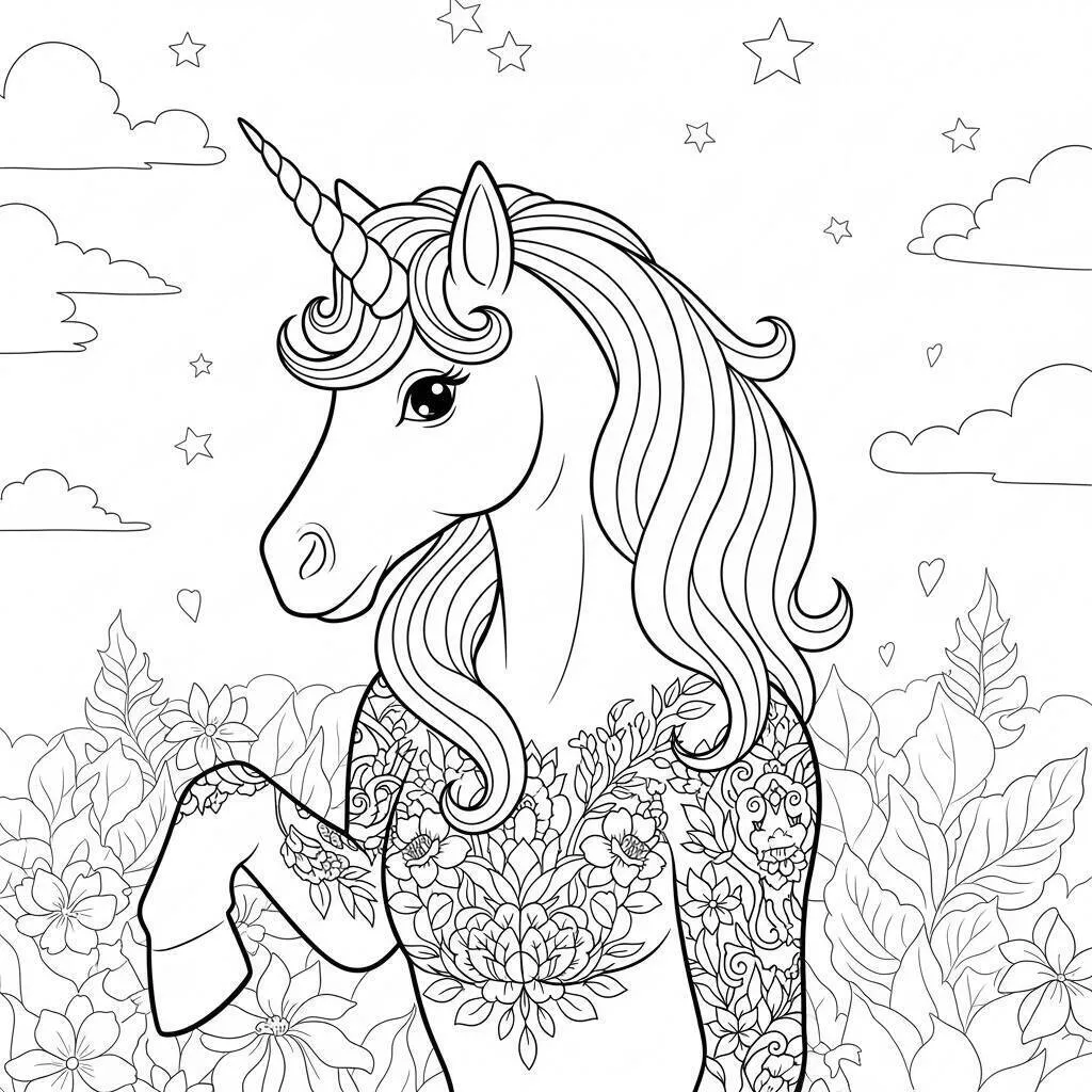 Desenho de Unicórnio com Padrões Florais para Colorir