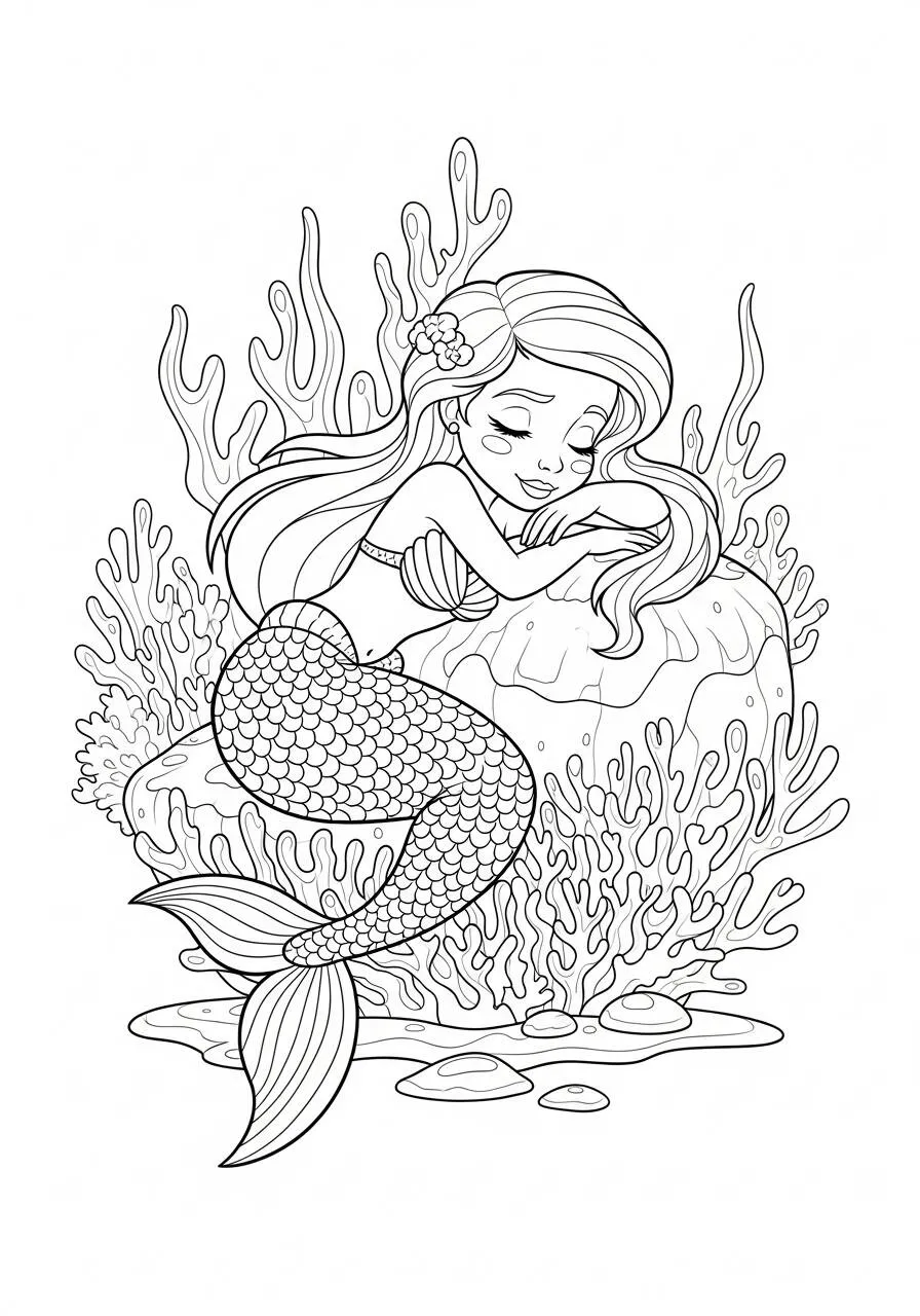 Desenho de Sereia Relaxando em um Recife de Corais para Colorir