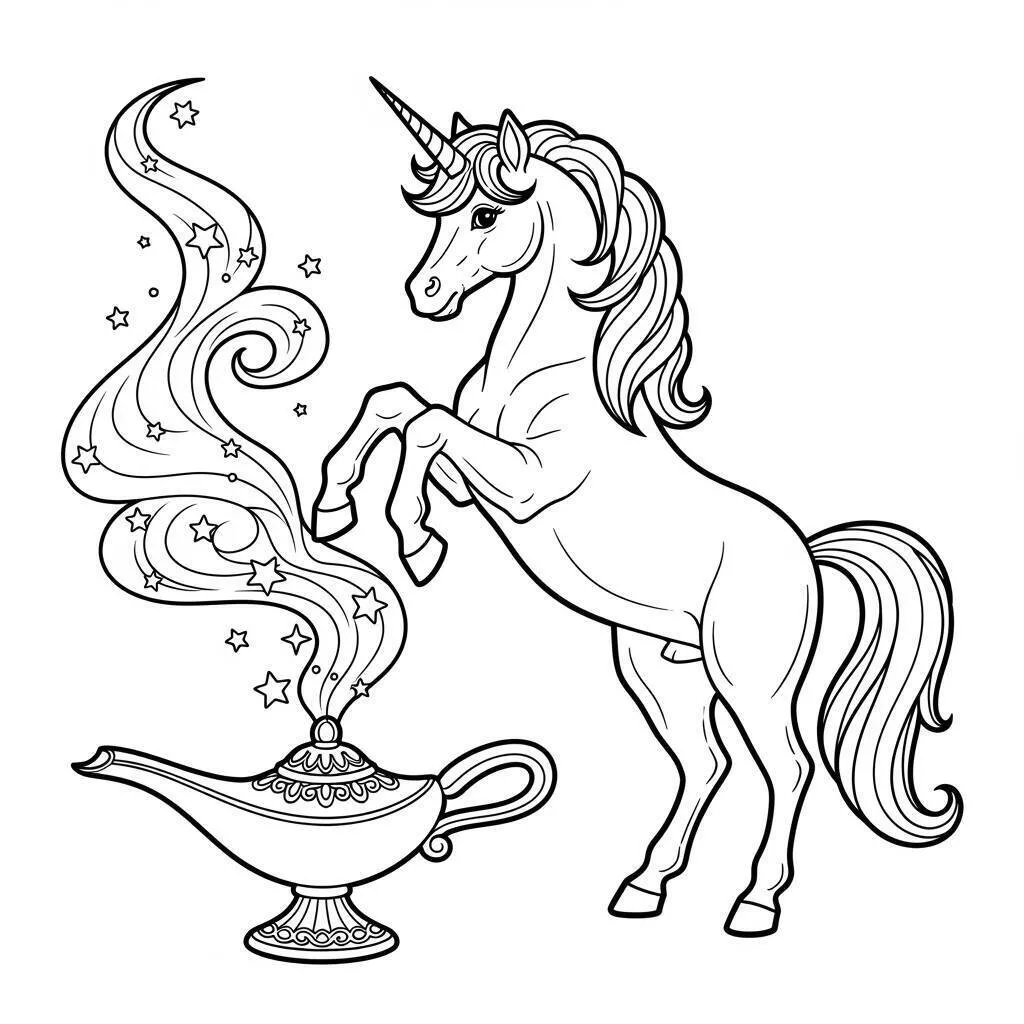 Desenho de Unicórnio Mágico com Lâmpada para Colorir